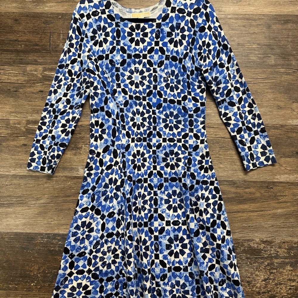 Michael Kors Blue and White Mosaic Pattern A-Line Dress